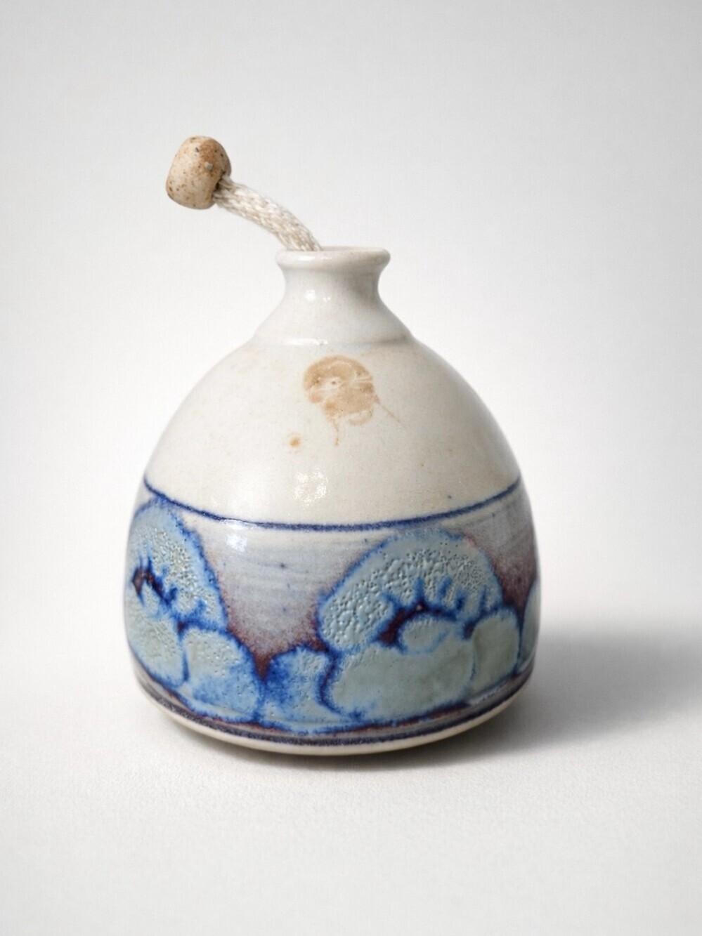 Studio Pottery Ceramic Small Vase Or Oil Bottle Featuring Blue & Brown Design